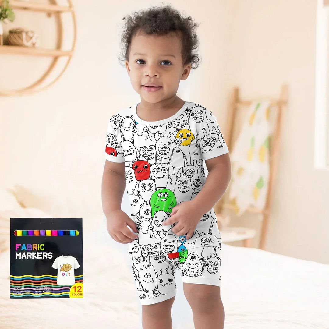 Monster Fun Colorable Halloween Two Piece Short Sleeve Shorts Pajama Set - Zumbamboo