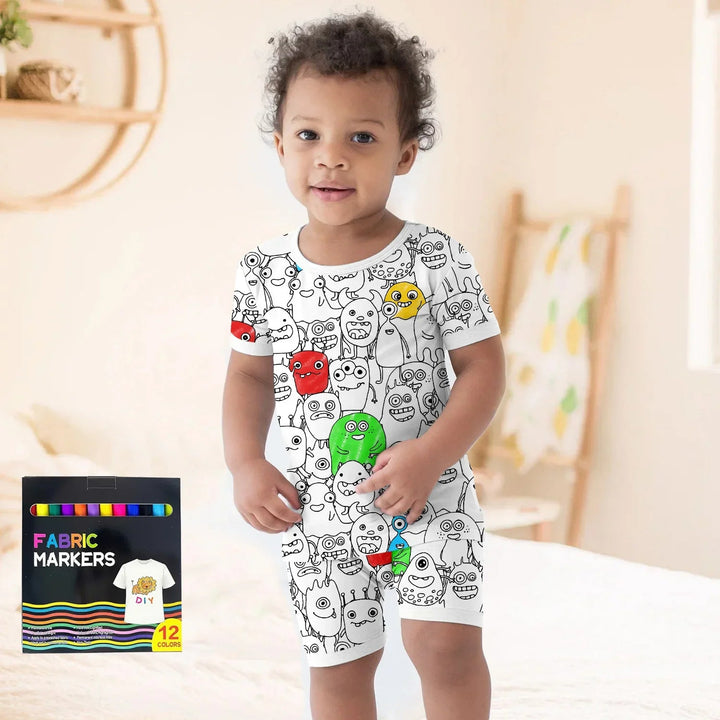 Monster Fun Colorable Halloween Two Piece Short Sleeve Shorts Pajama Set , Monster Fun Colorable Halloween Two Piece Short Sleeve Shorts Pajama Set - 3T