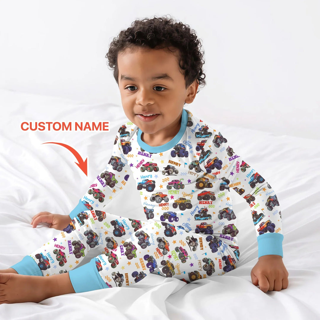 Monster Truck Custom Name Two Piece Long Sleeve Pajama Set - Zumbamboo