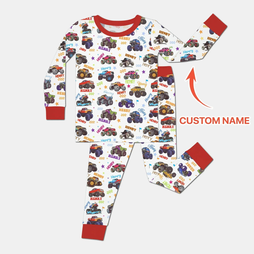 Monster Truck Custom Name Two Piece Long Sleeve Pajama Set , Monster Truck Custom Name Two Piece Long Sleeve Pajama Set - 12-18M