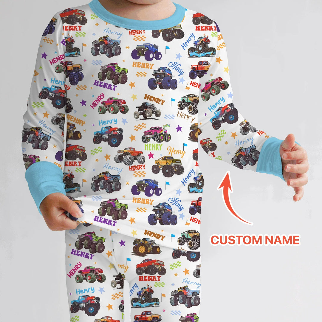 Monster Truck Custom Name Two Piece Long Sleeve Pajama Set - Zumbamboo
