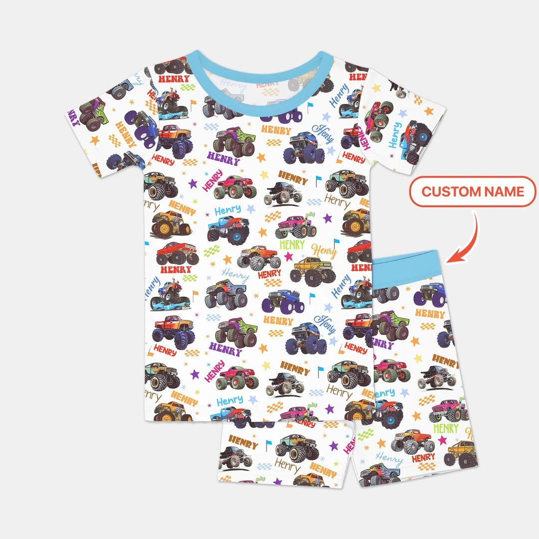 Monster Truck Custom Name Two Piece Short Sleeve Shorts Pajama Set , Monster Truck Custom Name Two Piece Short Sleeve Shorts Pajama Set - 12-18M