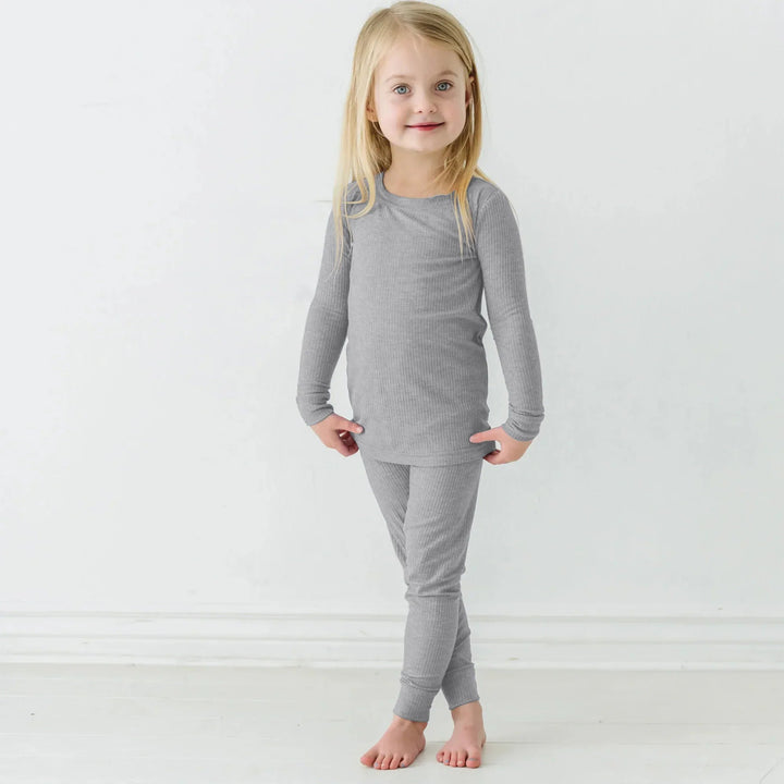 Moon Grey Ribbed Two Piece Long Sleeve Pajama Set - Zumbamboo