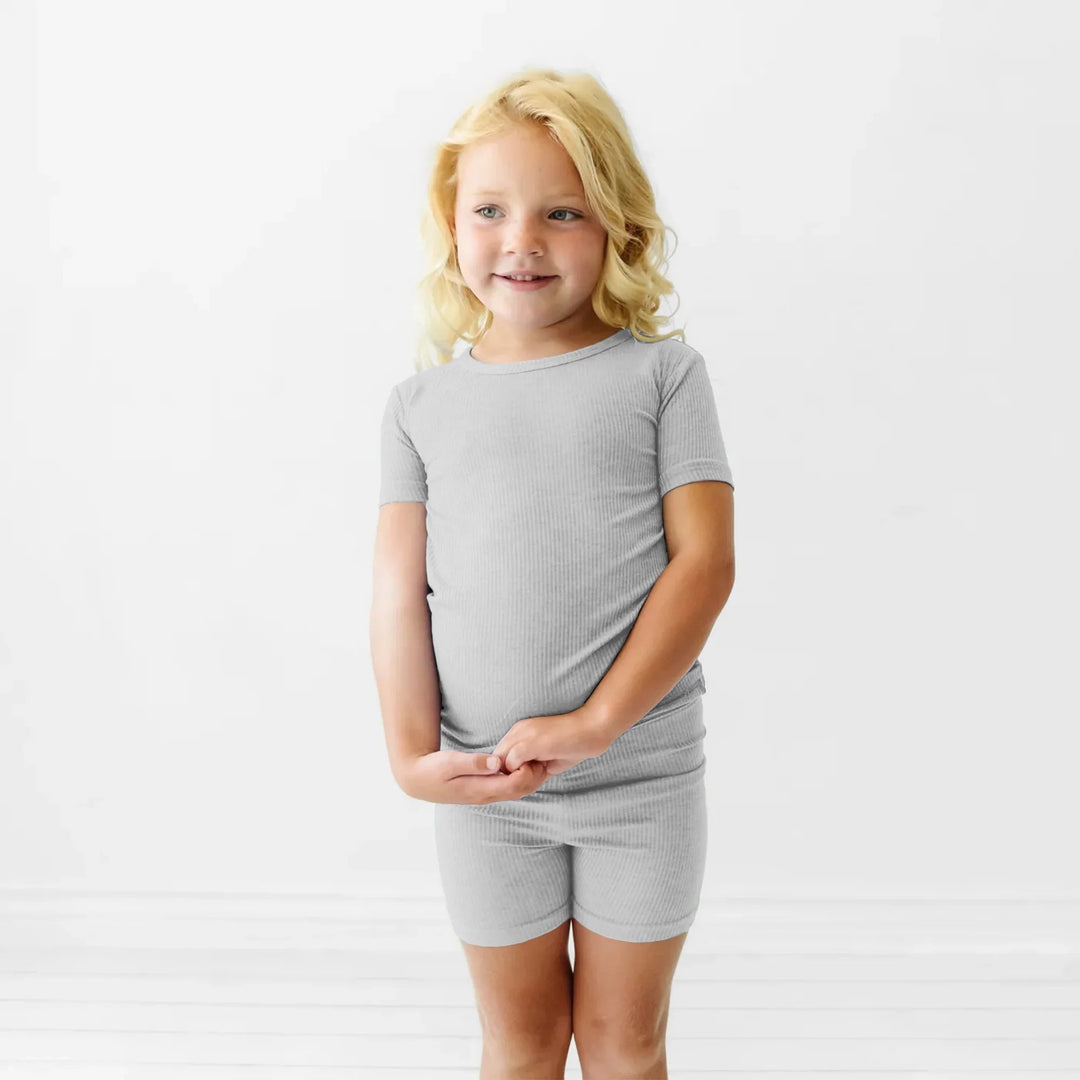 Moon Grey Ribbed Two Piece Short Sleeve Shorts Pajama Set - Zumbamboo