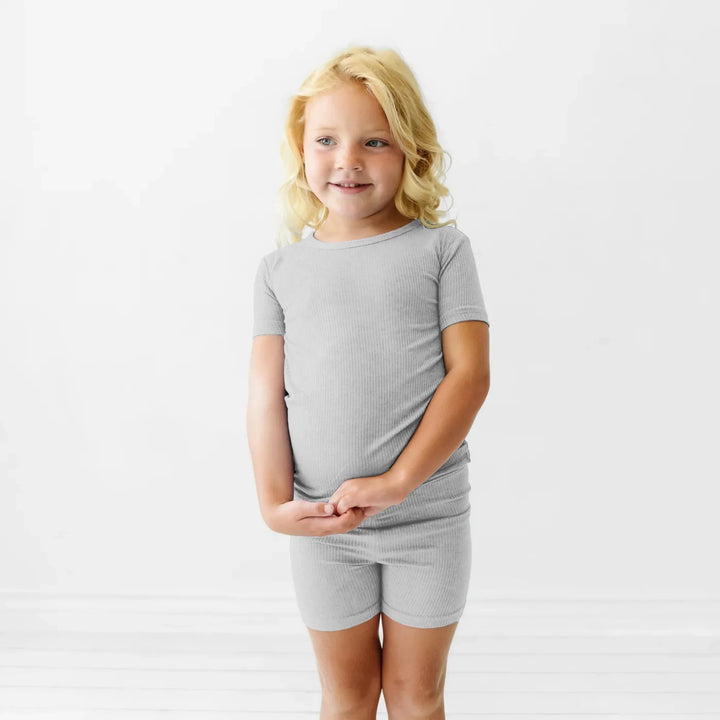 Moon Grey Ribbed Two Piece Short Sleeve Shorts Pajama Set - Zumbamboo