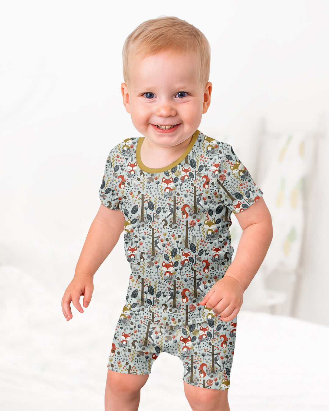 Rustic Woodland Foxes Bamboo Two Piece Short Sleeve Shorts Pajama Set