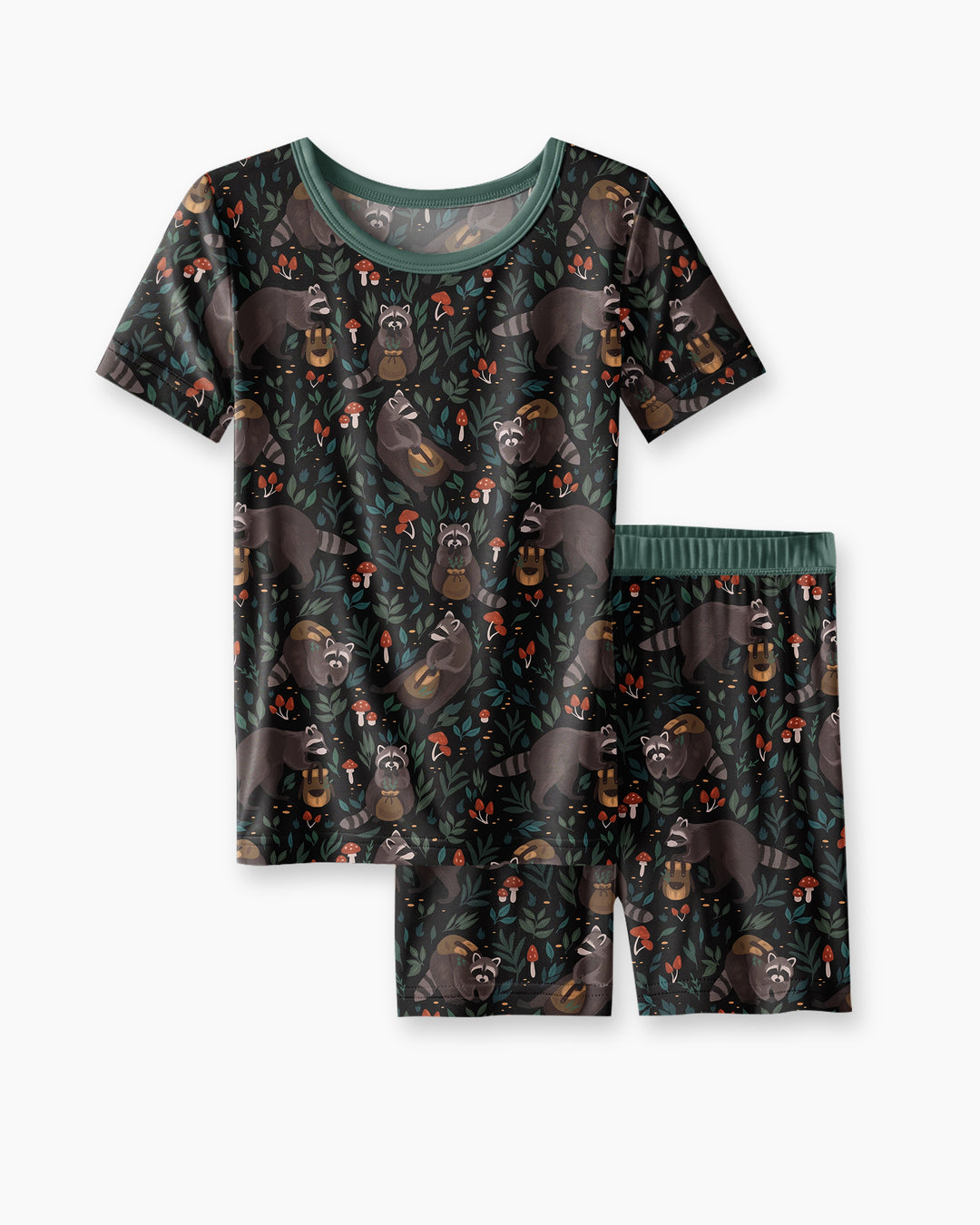 Raccoon And Whimsical Mushroom Bamboo Two Piece Short Sleeve Shorts Pajama Set