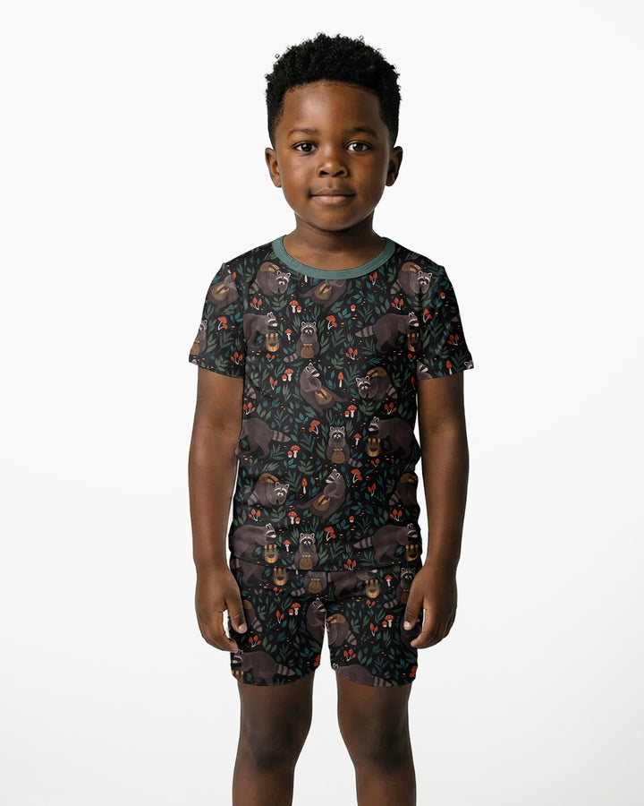 Raccoon And Whimsical Mushroom Bamboo Two Piece Short Sleeve Shorts Pajama Set