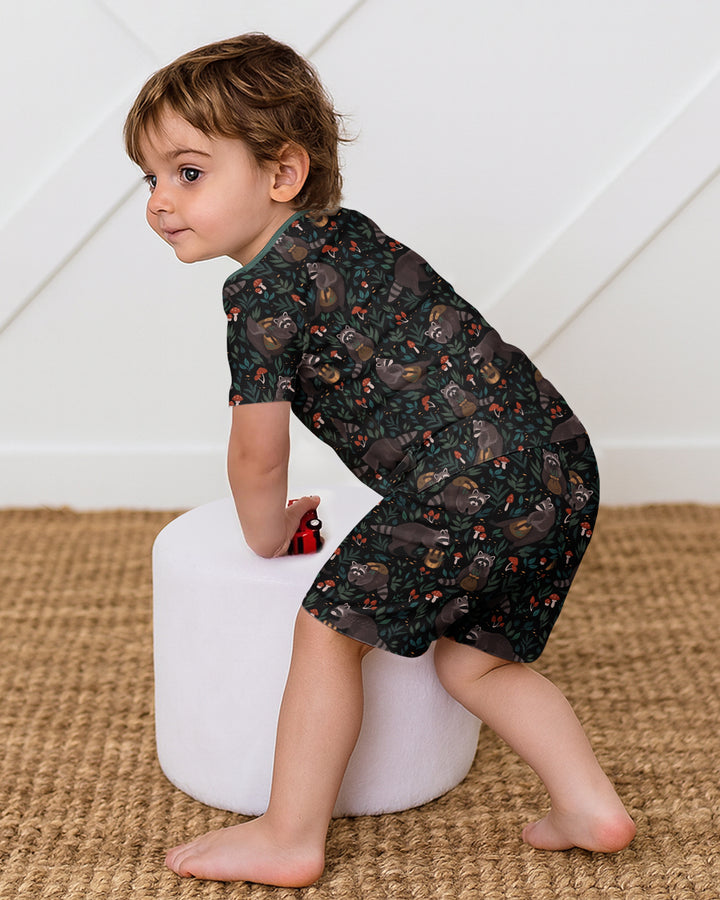 Raccoon And Whimsical Mushroom Bamboo Two Piece Short Sleeve Shorts Pajama Set