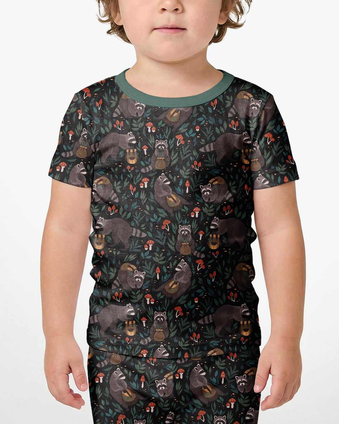 Raccoon And Whimsical Mushroom Bamboo Two Piece Short Sleeve Shorts Pajama Set