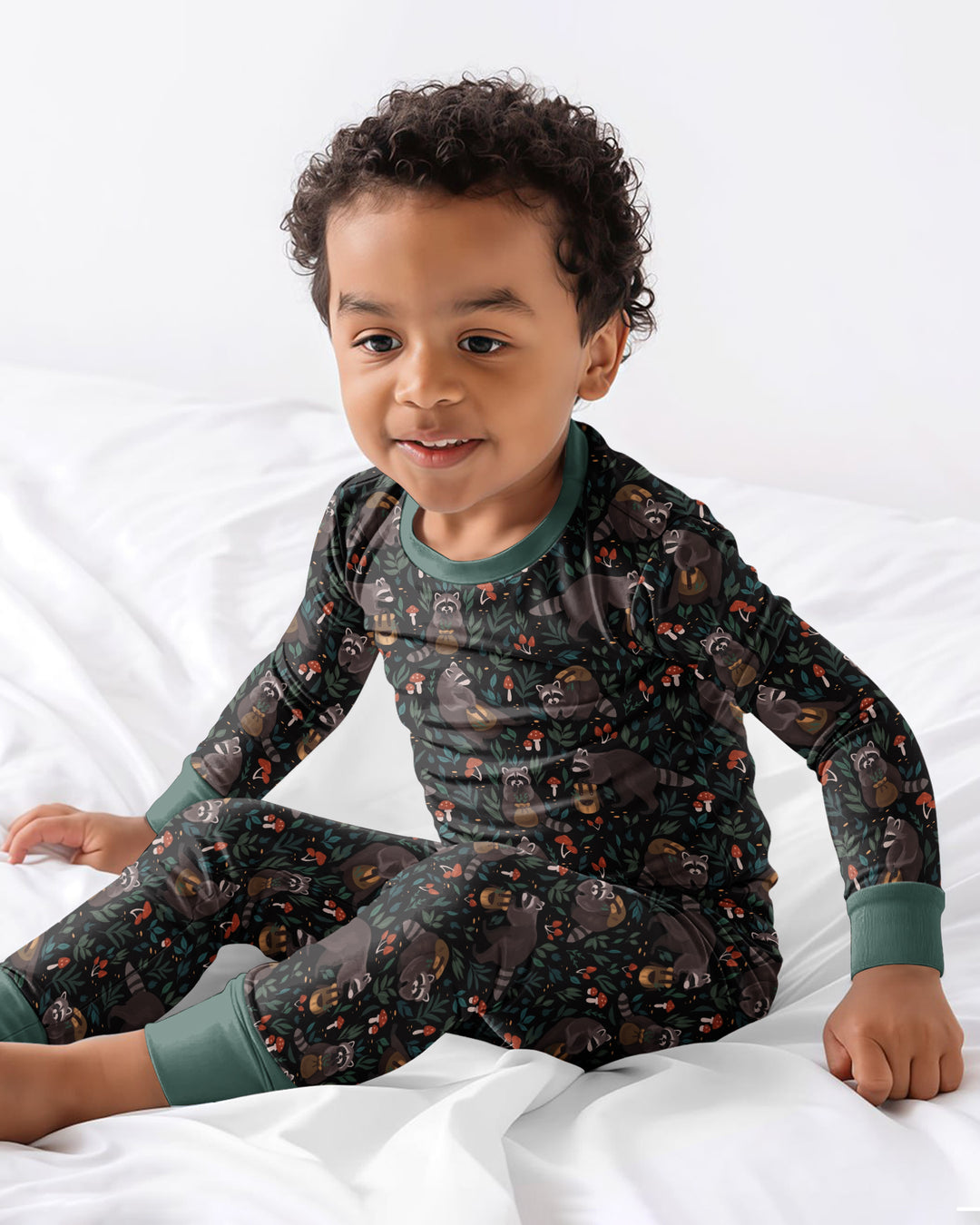 Raccoon And Whimsical Mushroom Bamboo Two Piece Long Sleeve Pajama Set