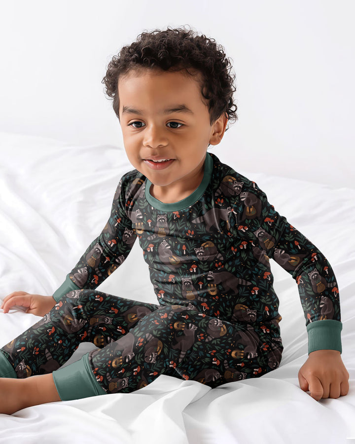 Raccoon And Whimsical Mushroom Bamboo Two Piece Long Sleeve Pajama Set