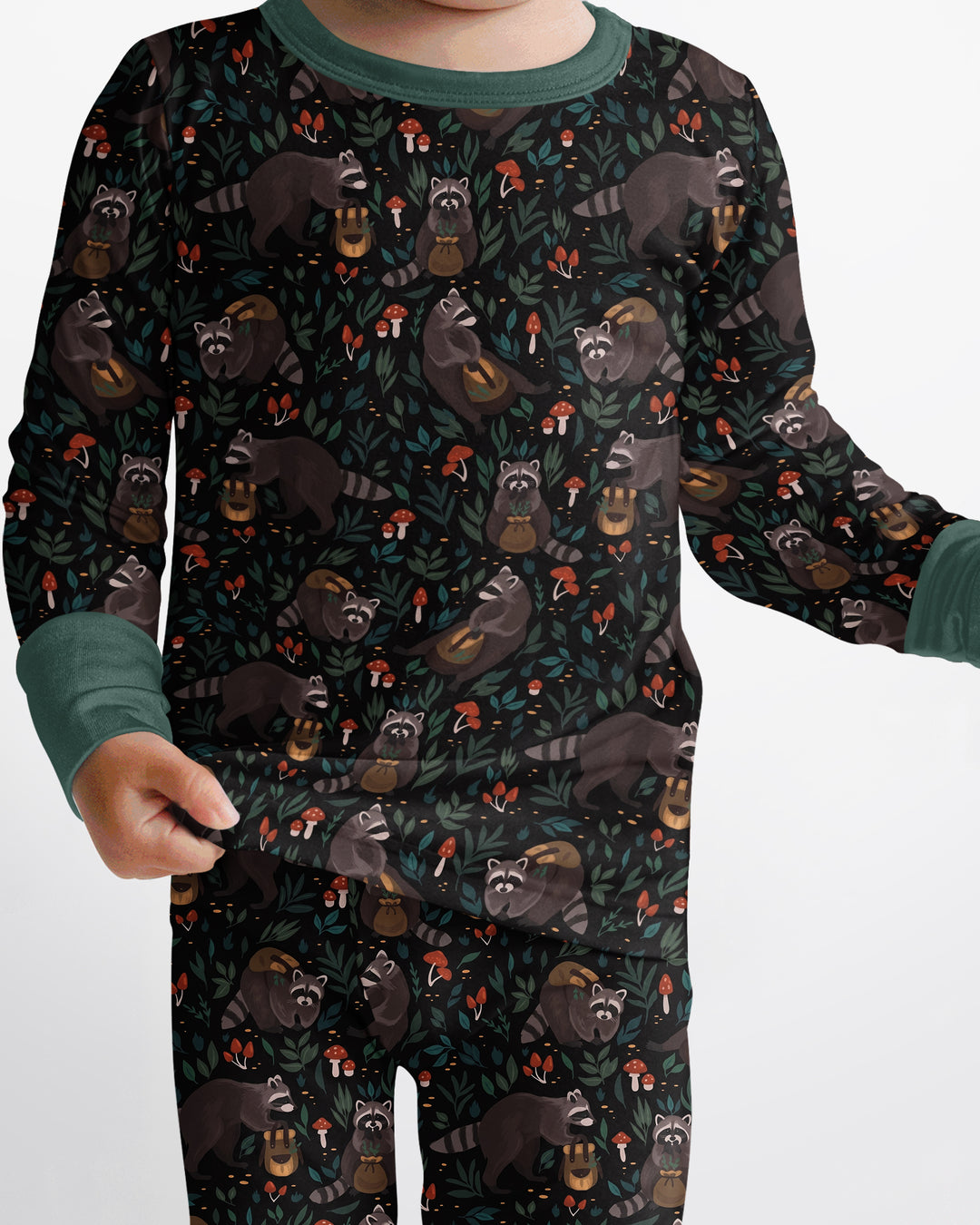 Raccoon And Whimsical Mushroom Bamboo Two Piece Long Sleeve Pajama Set