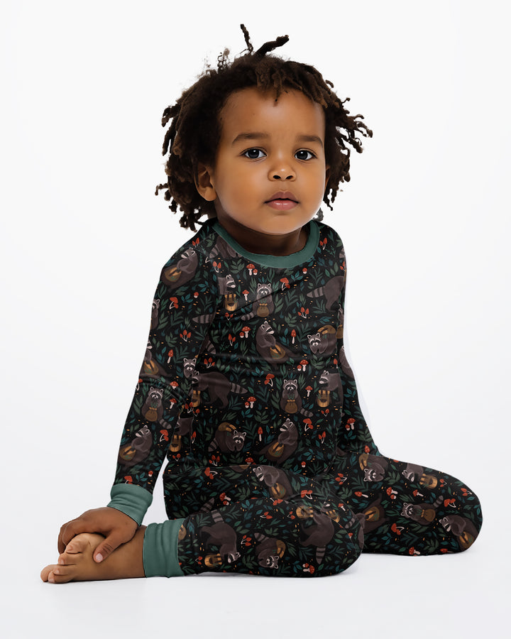 Raccoon And Whimsical Mushroom Bamboo Two Piece Long Sleeve Pajama Set