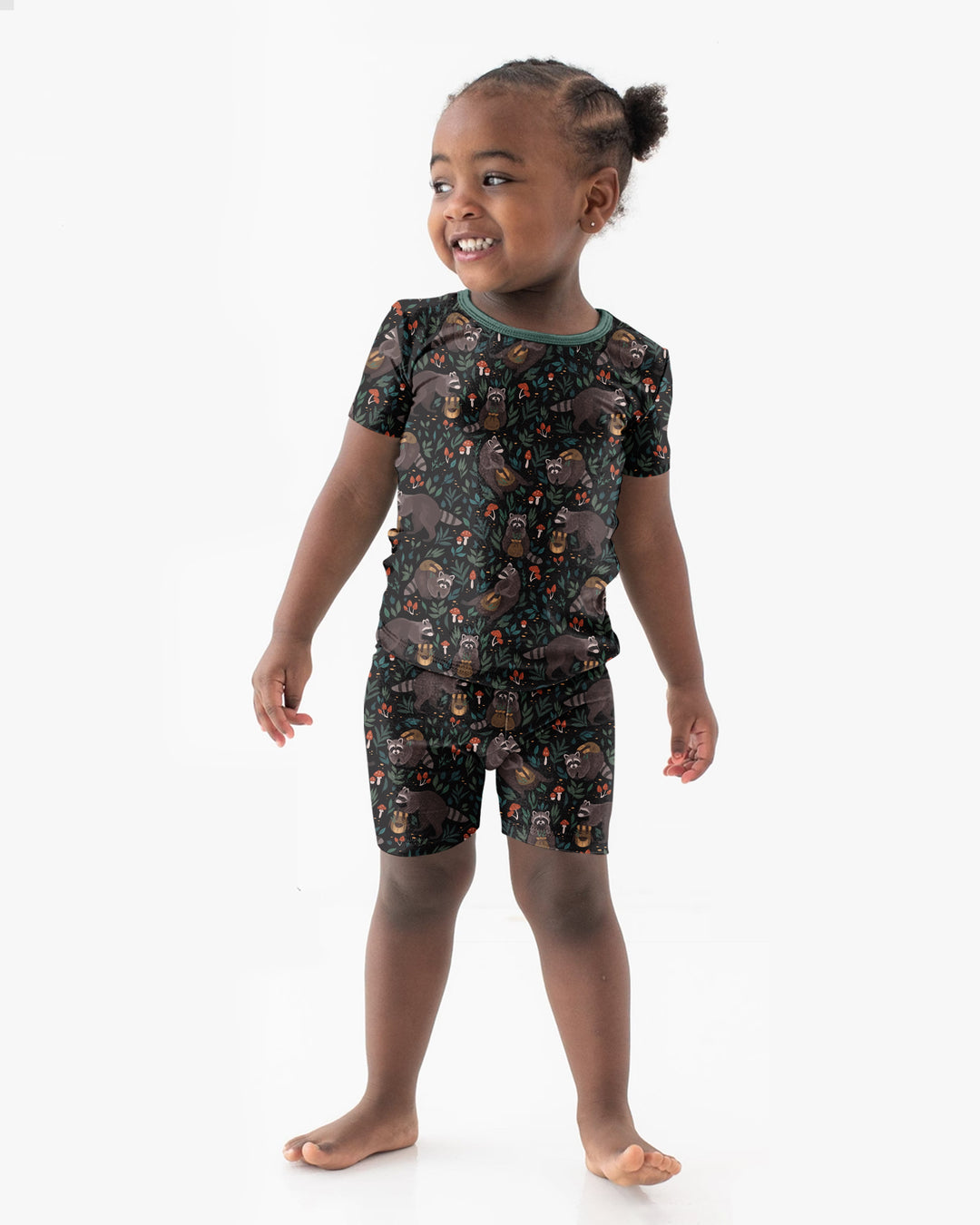 Raccoon And Whimsical Mushroom Bamboo Two Piece Short Sleeve Shorts Pajama Set