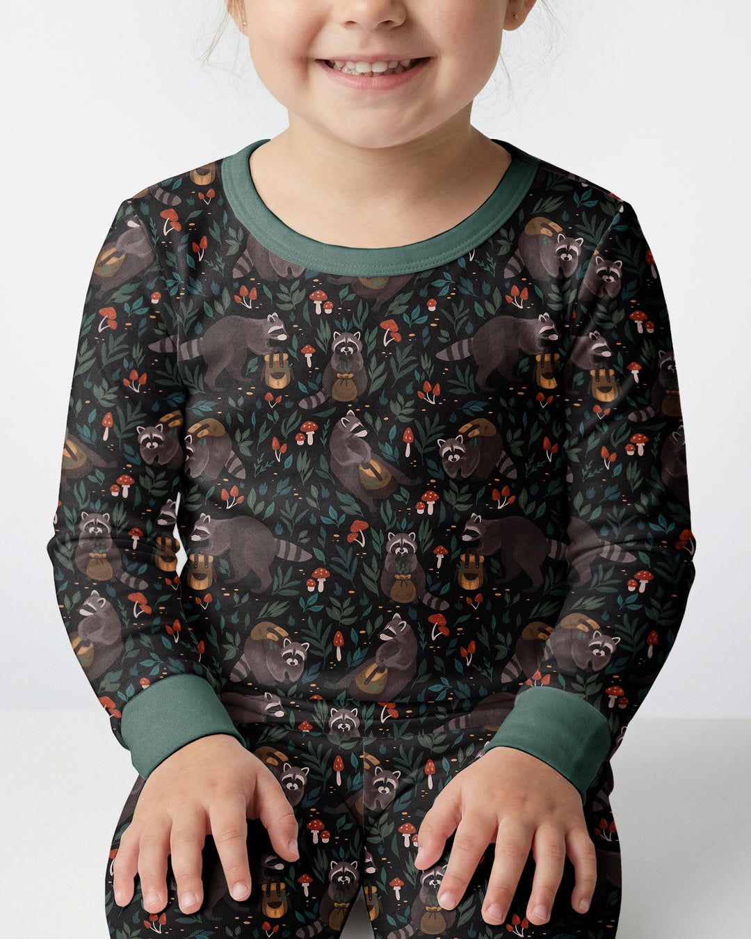 Raccoon And Whimsical Mushroom Bamboo Two Piece Long Sleeve Pajama Set