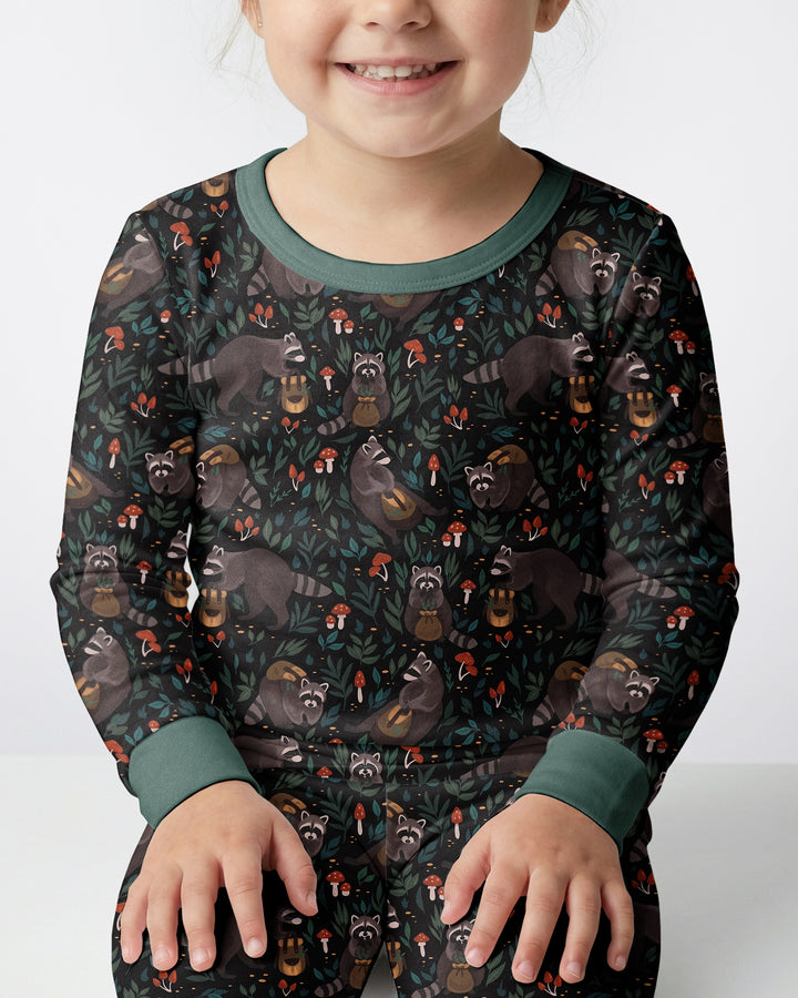 Raccoon And Whimsical Mushroom Bamboo Two Piece Long Sleeve Pajama Set