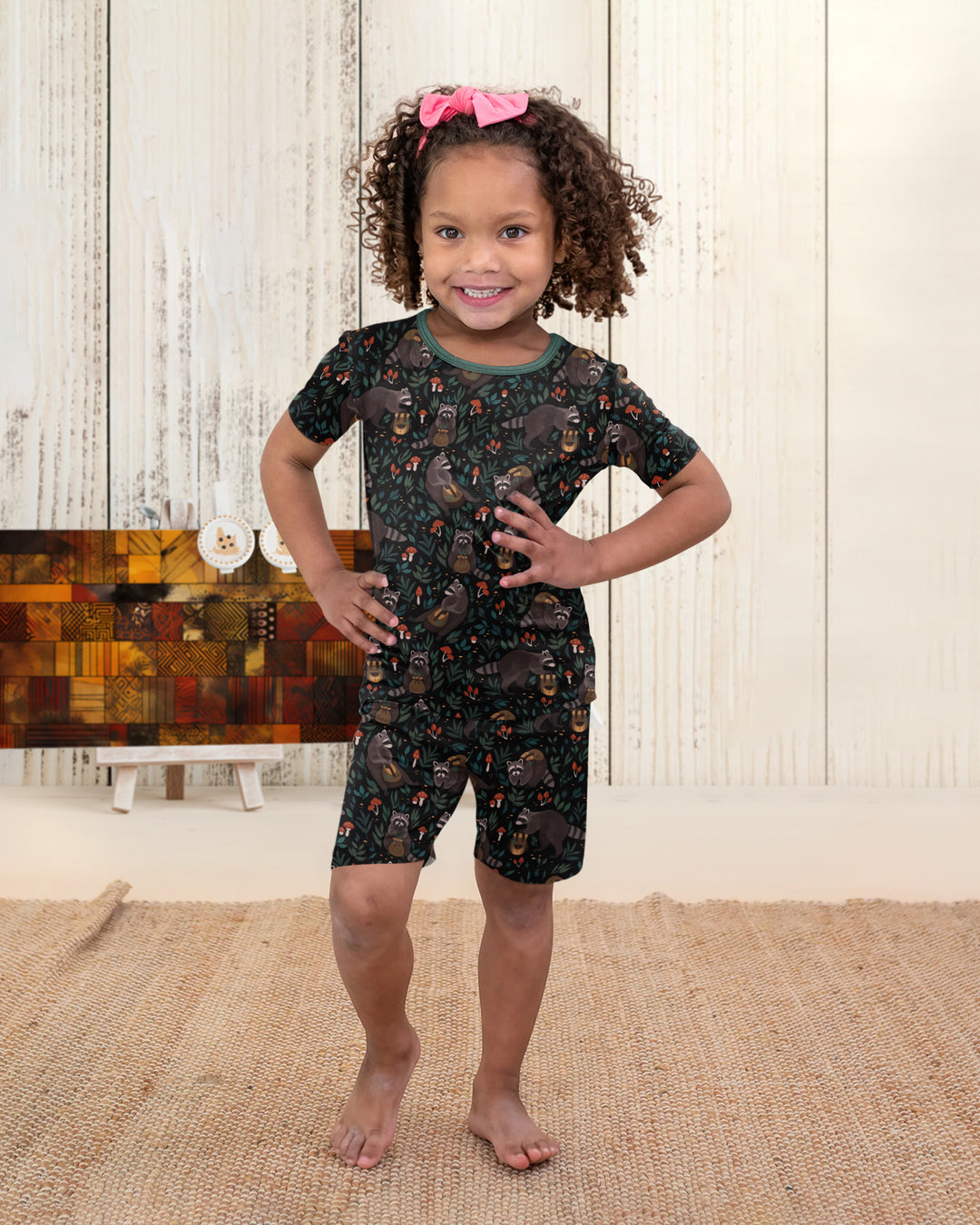 Raccoon And Whimsical Mushroom Bamboo Two Piece Short Sleeve Shorts Pajama Set