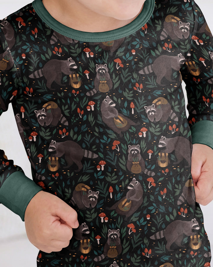 Raccoon And Whimsical Mushroom Bamboo Two Piece Long Sleeve Pajama Set