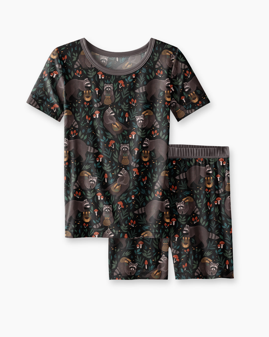 Raccoon And Whimsical Mushroom Bamboo Two Piece Short Sleeve Shorts Pajama Set