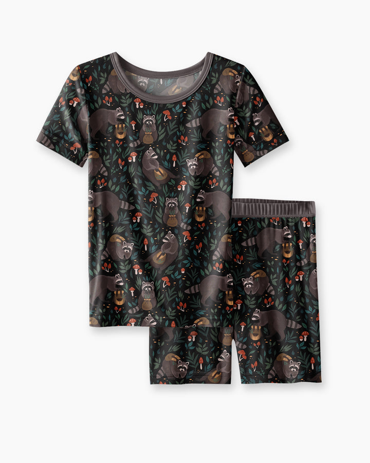 Raccoon And Whimsical Mushroom Bamboo Two Piece Short Sleeve Shorts Pajama Set