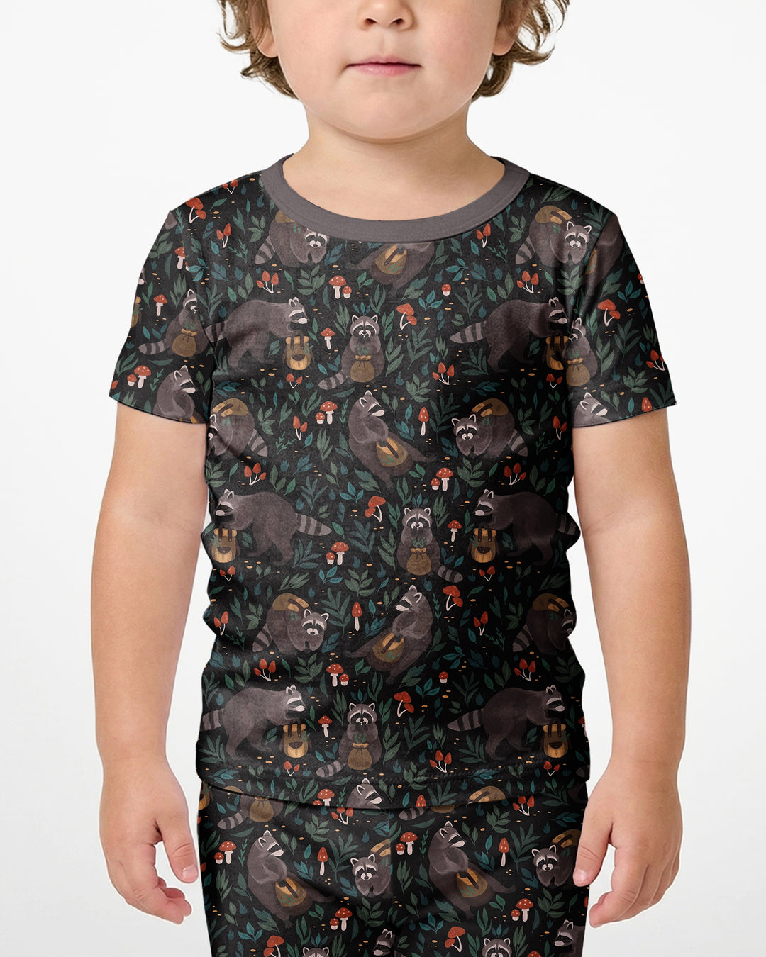 Raccoon And Whimsical Mushroom Bamboo Two Piece Short Sleeve Shorts Pajama Set