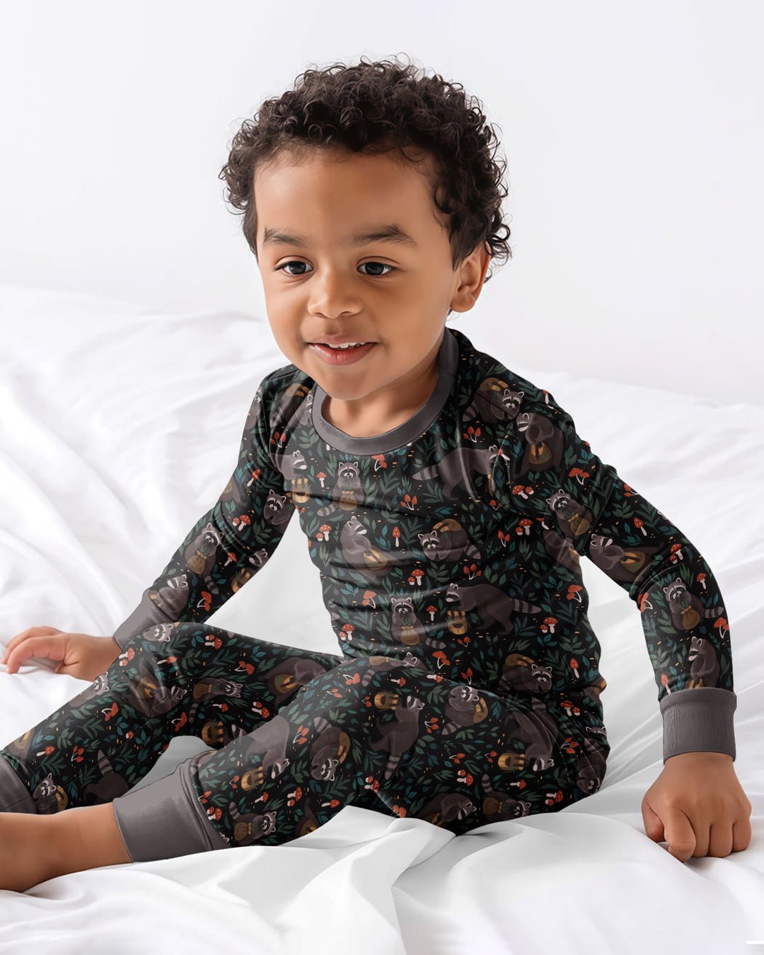 Raccoon And Whimsical Mushroom Bamboo Two Piece Long Sleeve Pajama Set