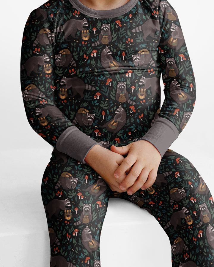 Raccoon And Whimsical Mushroom Bamboo Two Piece Long Sleeve Pajama Set