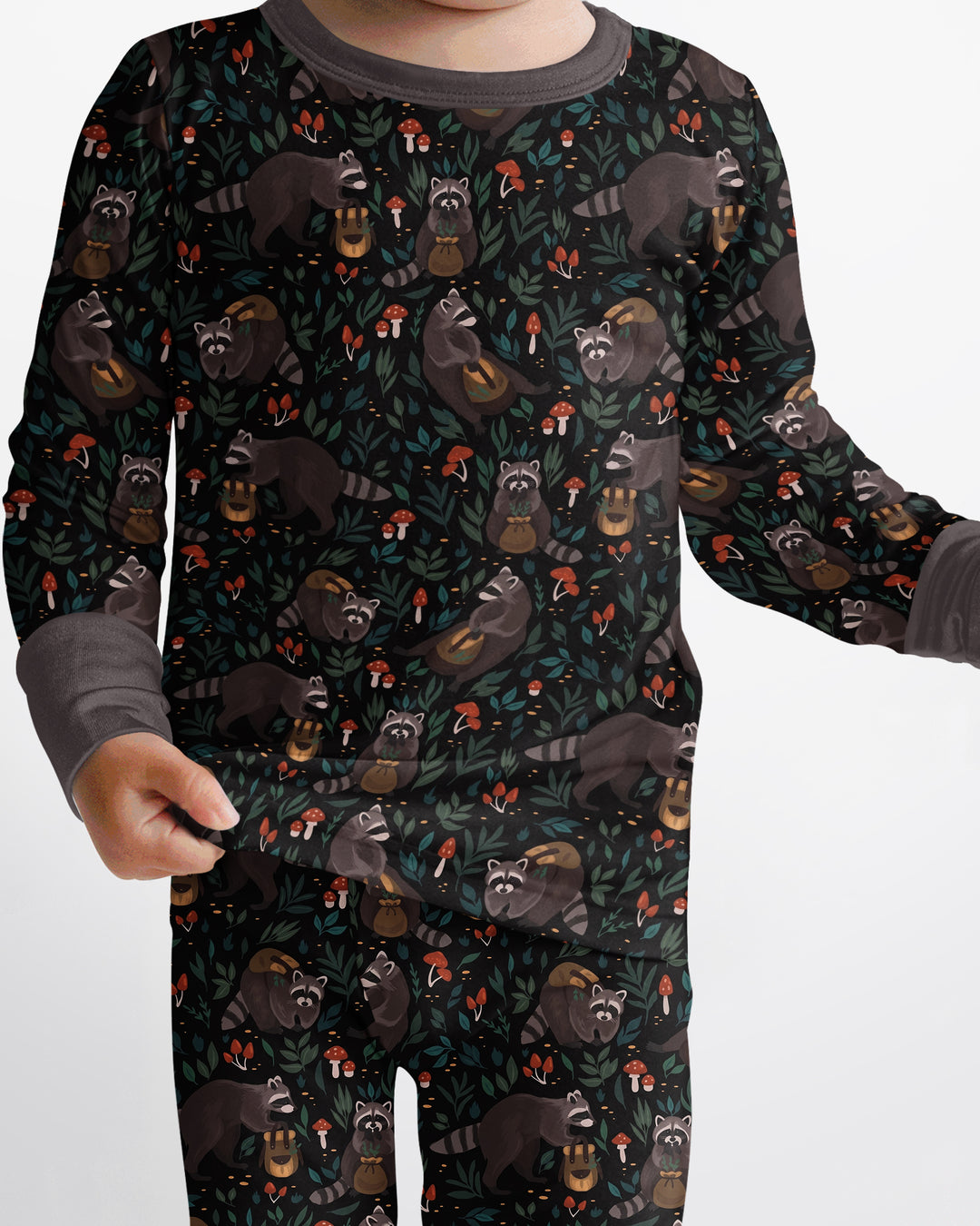 Raccoon And Whimsical Mushroom Bamboo Two Piece Long Sleeve Pajama Set