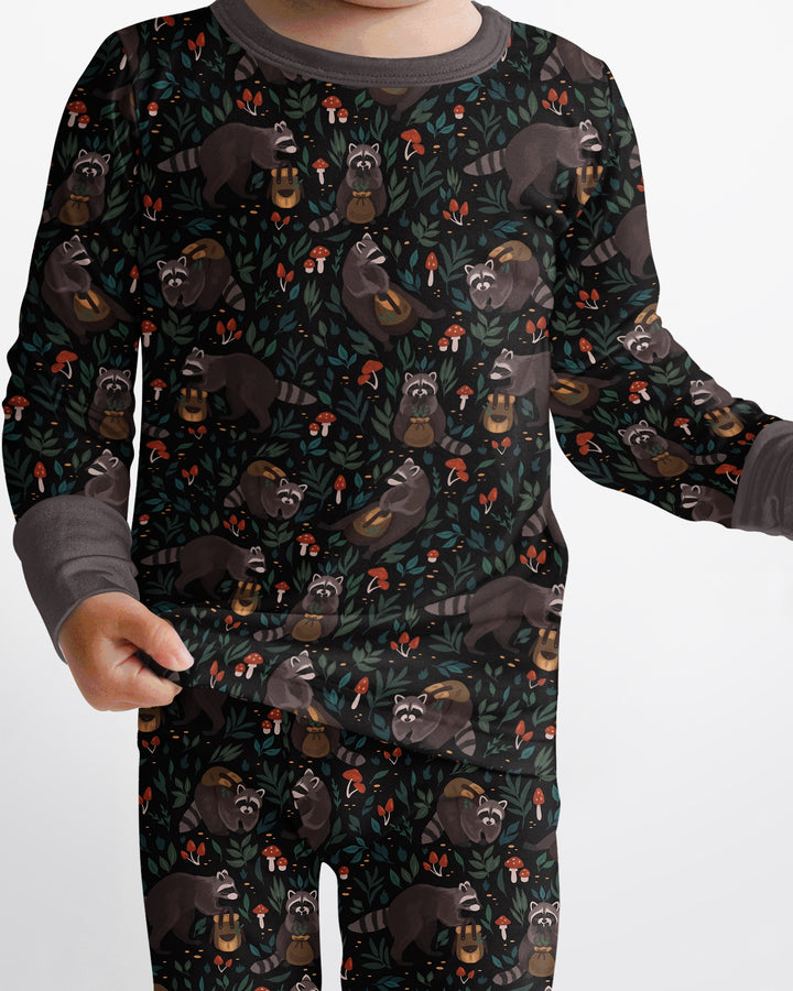 Raccoon And Whimsical Mushroom Bamboo Two Piece Long Sleeve Pajama Set