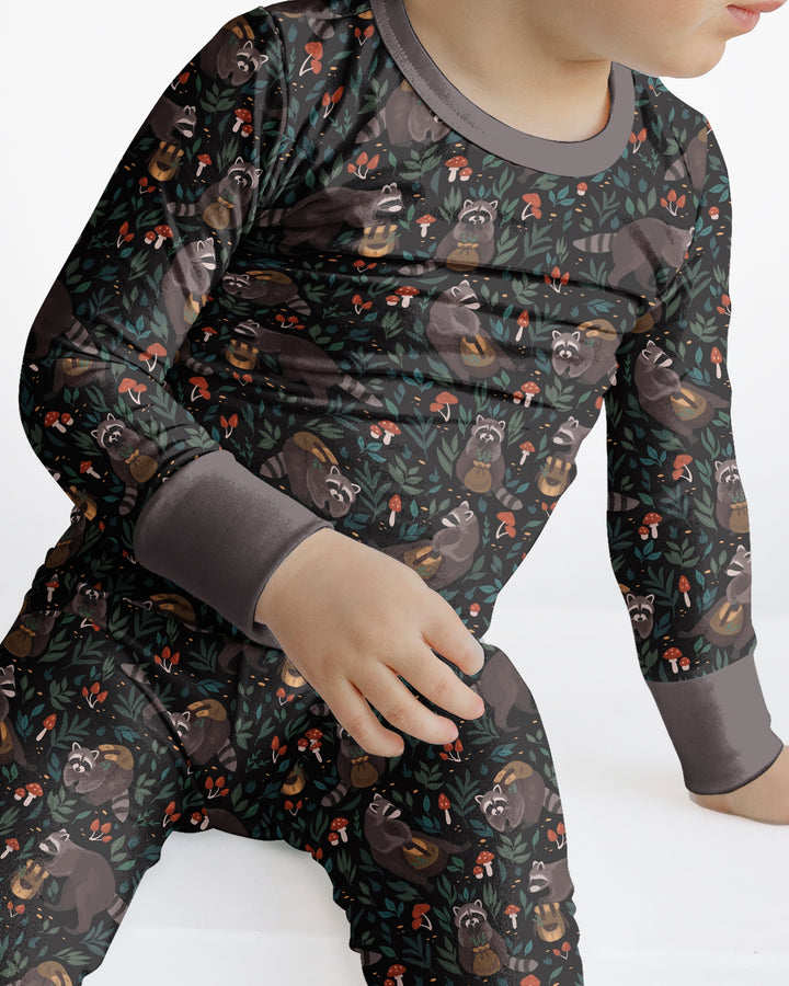 Raccoon And Whimsical Mushroom Bamboo Two Piece Long Sleeve Pajama Set