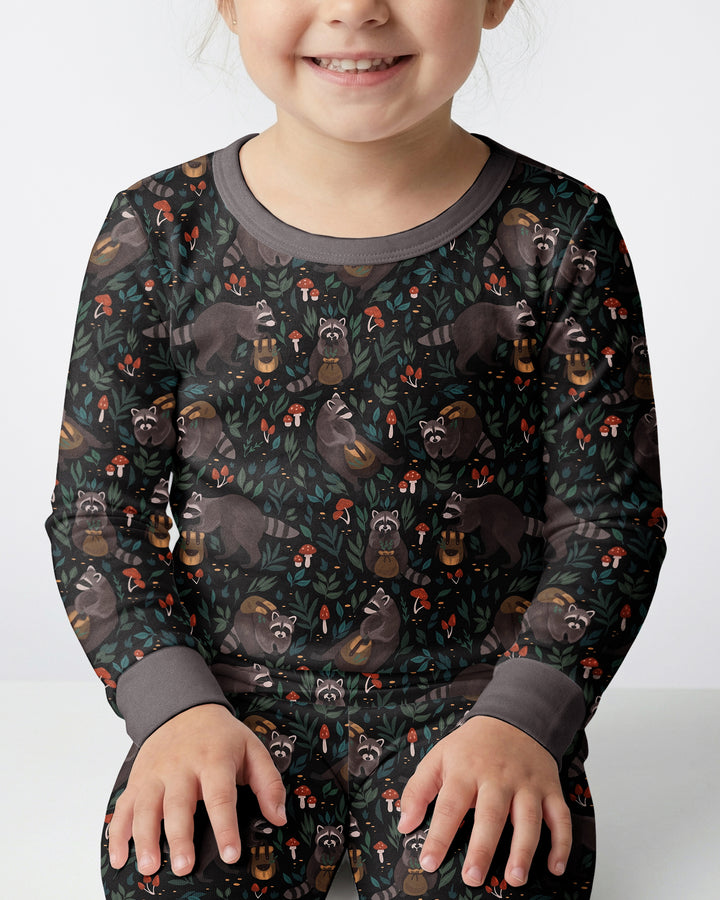 Raccoon And Whimsical Mushroom Bamboo Two Piece Long Sleeve Pajama Set
