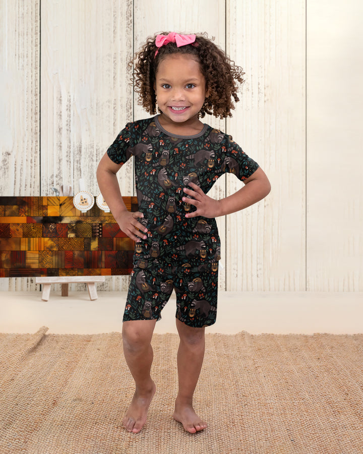 Raccoon And Whimsical Mushroom Bamboo Two Piece Short Sleeve Shorts Pajama Set