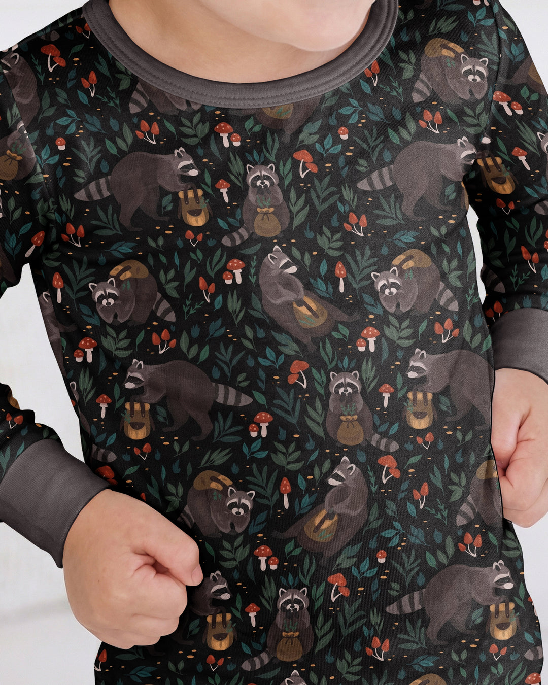 Raccoon And Whimsical Mushroom Bamboo Two Piece Long Sleeve Pajama Set