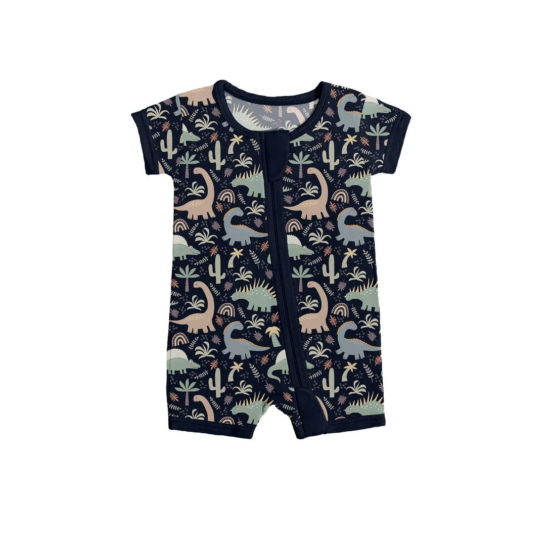 Navy Jurassic Jungle Shorty Zippered Romper - Zumbamboo