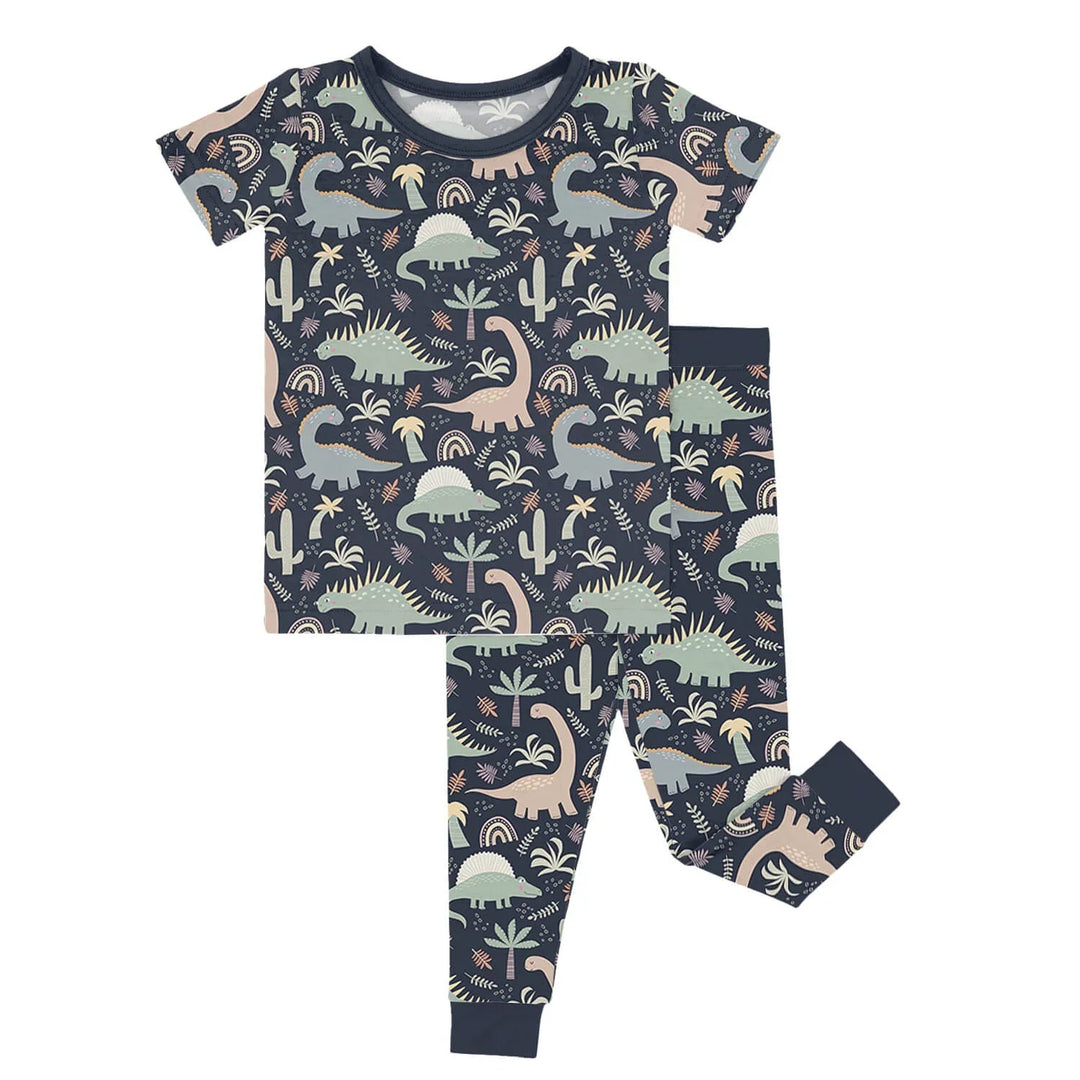 Navy Jurassic Jungle Two Piece Short Sleeve Pajama Set - Zumbamboo