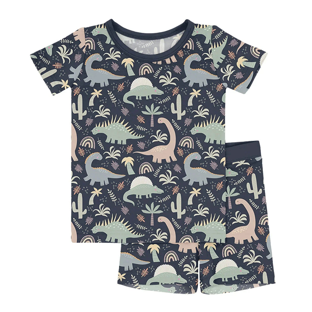Navy Jurassic Jungle Two Piece Short Sleeve Shorts Pajama Set - Zumbamboo