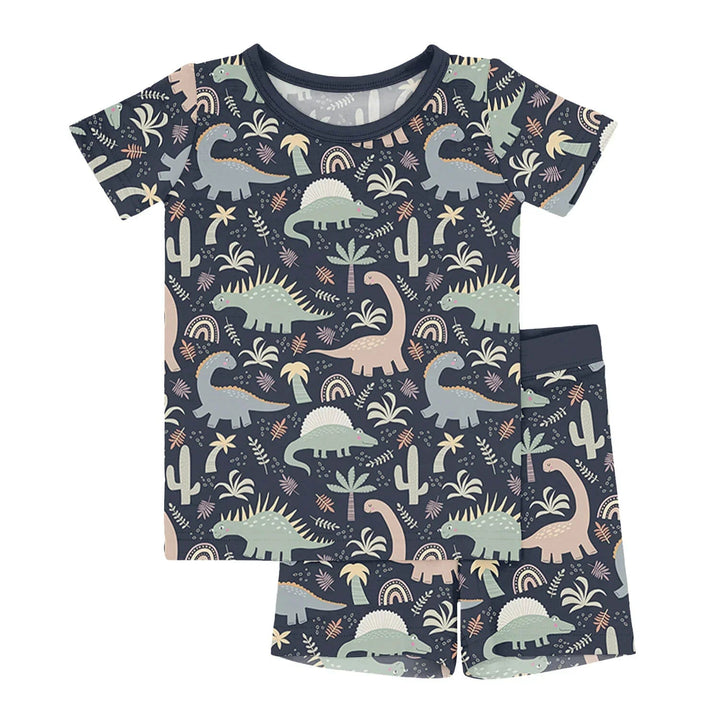 Navy Jurassic Jungle Two Piece Short Sleeve Shorts Pajama Set - Zumbamboo