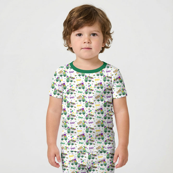 Mardi Gras Trucks Two Piece Short Sleeve Shorts Pajama Set