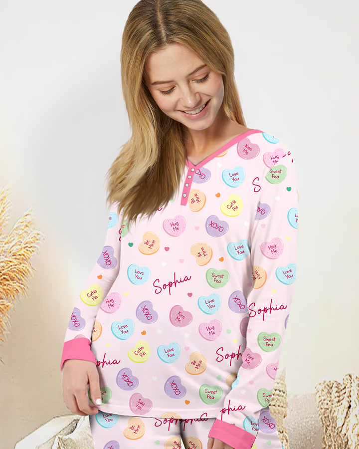 Custom Name Colorful Candy Hearts Family Matching Women Pajama Set