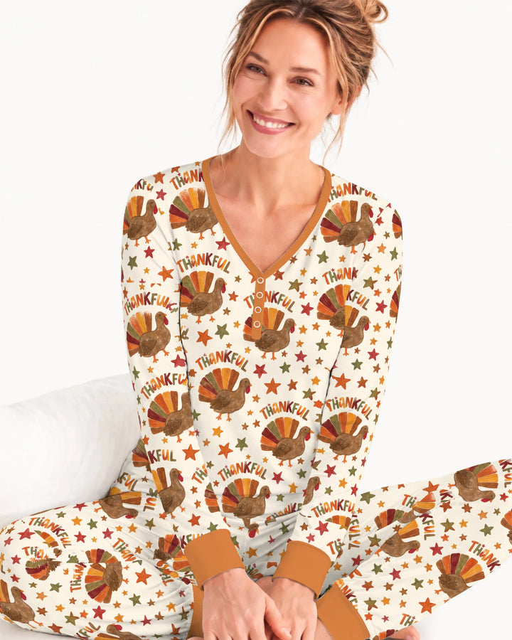 Thankful Turkey Autumn Stars Bamboo Women Pajama Set