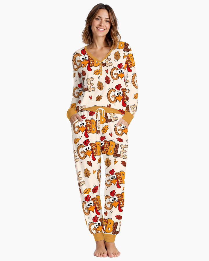 Gobble Turkey Fall Leaves Bamboo Women Pajama Set