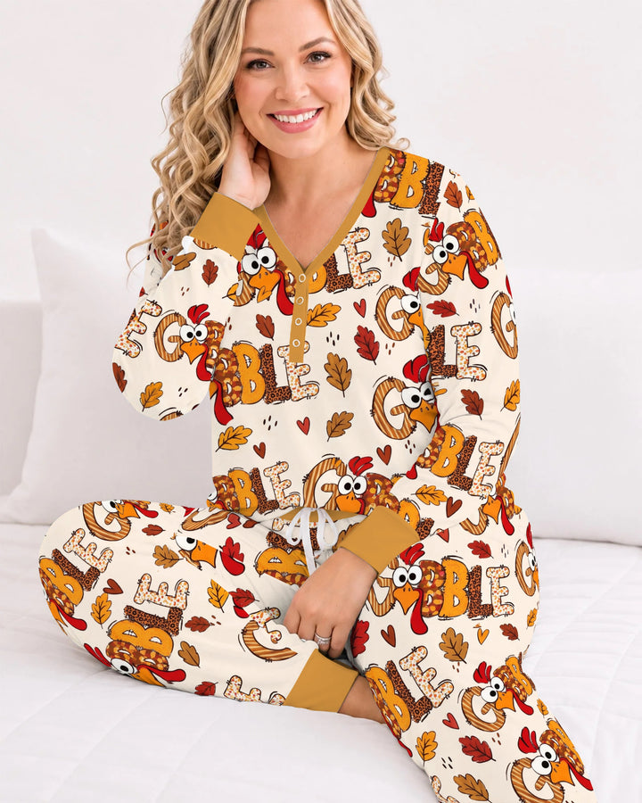 Gobble Turkey Fall Leaves Bamboo Women Pajama Set