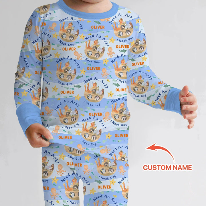 Noah’s Ark Custom Name Boy Two Piece Long Sleeve Pajama Set - Zumbamboo