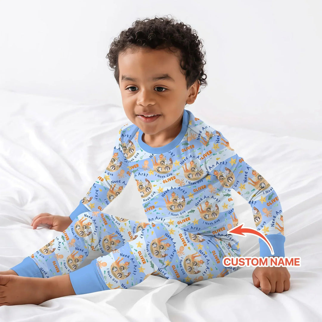 Noah’s Ark Custom Name Boy Two Piece Long Sleeve Pajama Set - Zumbamboo