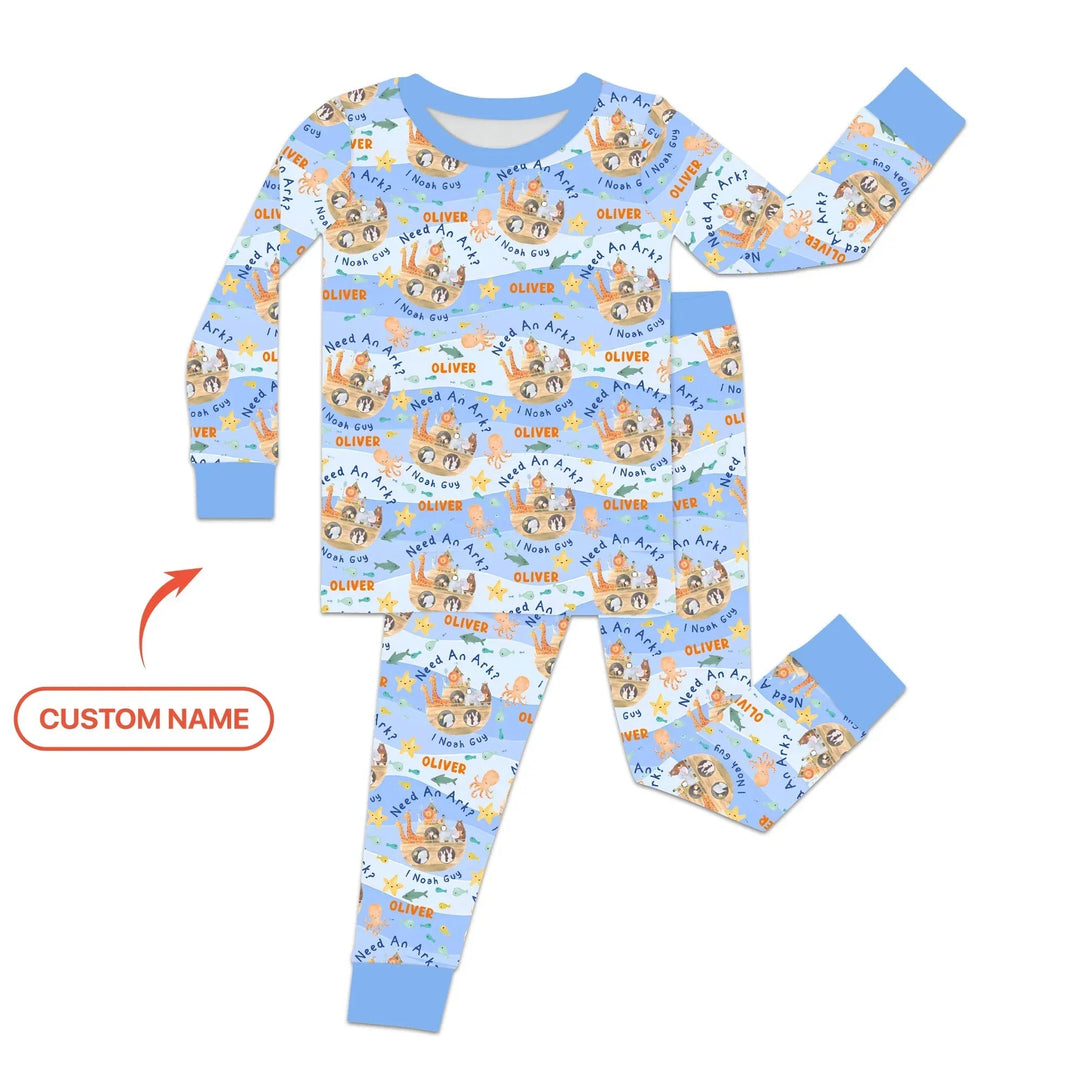 Noah’s Ark Custom Name Boy Two Piece Long Sleeve Pajama Set - Zumbamboo