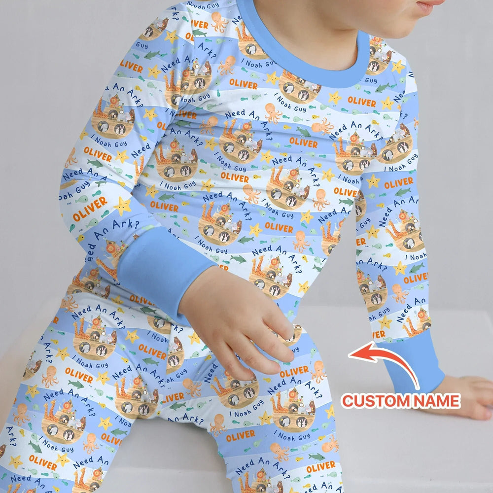 Noah’s Ark Custom Name Boy Two Piece Long Sleeve Pajama Set - Zumbamboo