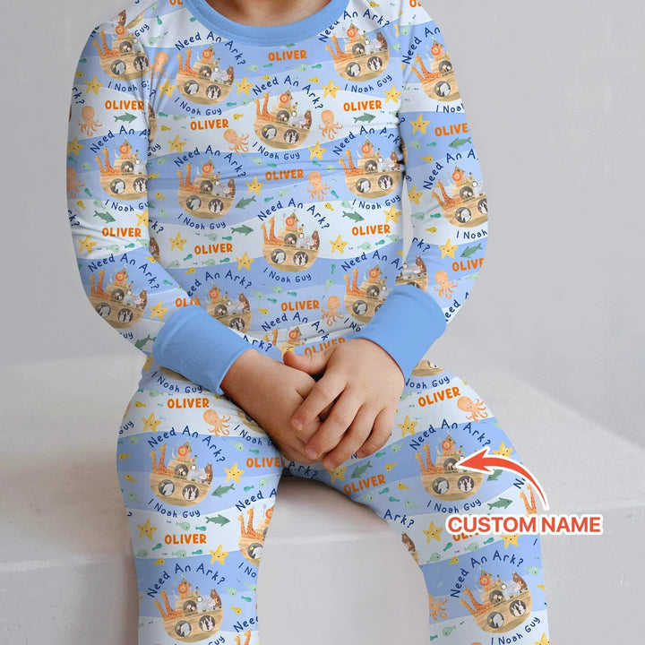 Noah’s Ark Custom Name Boy Two Piece Long Sleeve Pajama Set - Zumbamboo