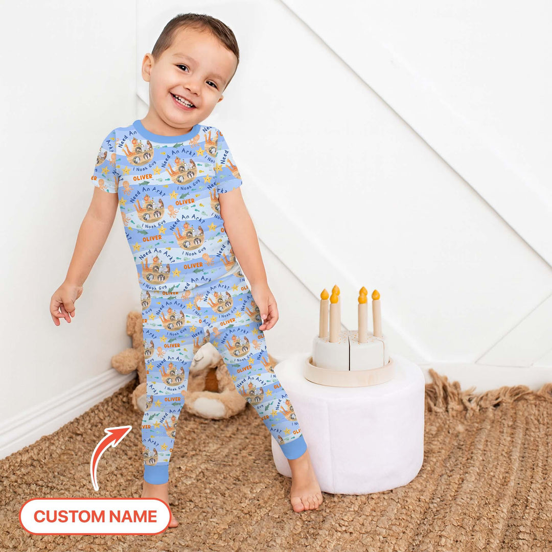 Noah’s Ark Custom Name Boy Two Piece Short Sleeve Pajama Set - Zumbamboo