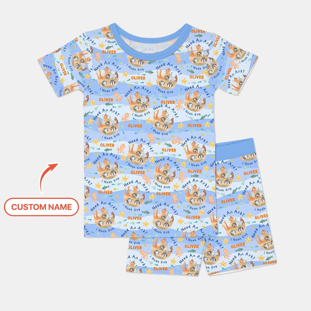 Noah’s Ark Custom Name Boy Two Piece Short Sleeve Shorts Pajama Set - Zumbamboo